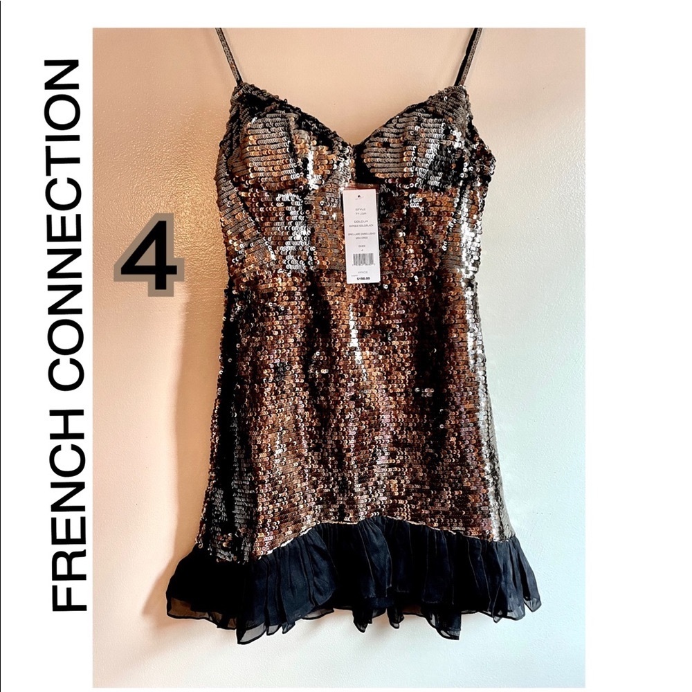 NWT French Connection metallic gold black sequin ruffle party mini size 4